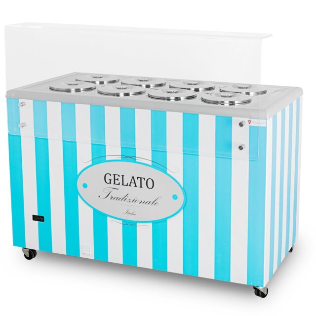 Dystrybutor do lodów, witryna do lodów, konserwator, retro, 8 tub, okrągłe kuwety, 1283x670x895 mm (GELATO POZETTI 8 BLUE)