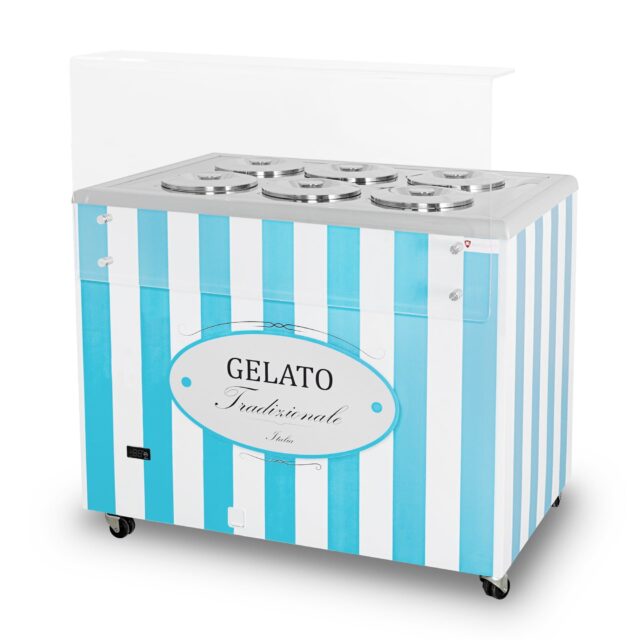Dystrybutor do lodów, witryna do lodów, konserwator, retro, 6 tub, okrągłe kuwety, 1063x670x895 mm (GELATO POZETTI 6 BLUE)