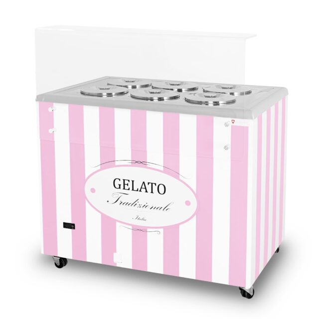Dystrybutor do lodów, witryna do lodów, konserwator, retro, 6 tub, okrągłe kuwety, 1063x670x895 mm (GELATO POZETTI 6 PINK)