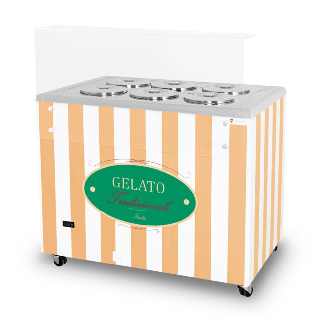 Dystrybutor do lodów, witryna do lodów, konserwator, retro, 6 tub, okrągłe kuwety, 1063x670x895 mm (GELATO POZETTI 6 BEIGE)