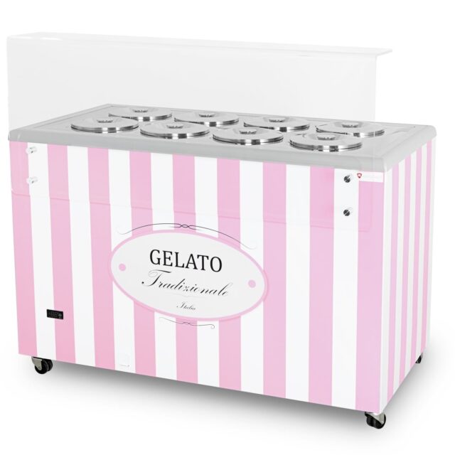 Dystrybutor do lodów, witryna do lodów, konserwator, retro, 8 tub, okrągłe kuwety, 1283x670x895 mm (GELATO POZETTI 8 PINK)