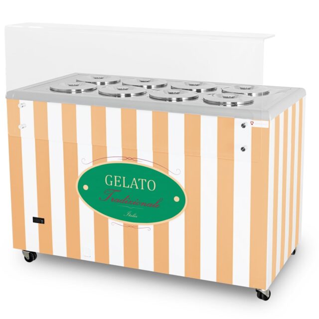 Dystrybutor do lodów, witryna do lodów, konserwator, retro, 8 tub, okrągłe kuwety, 1283x670x895 mm (GELATO POZETTI 8 BEIGE)