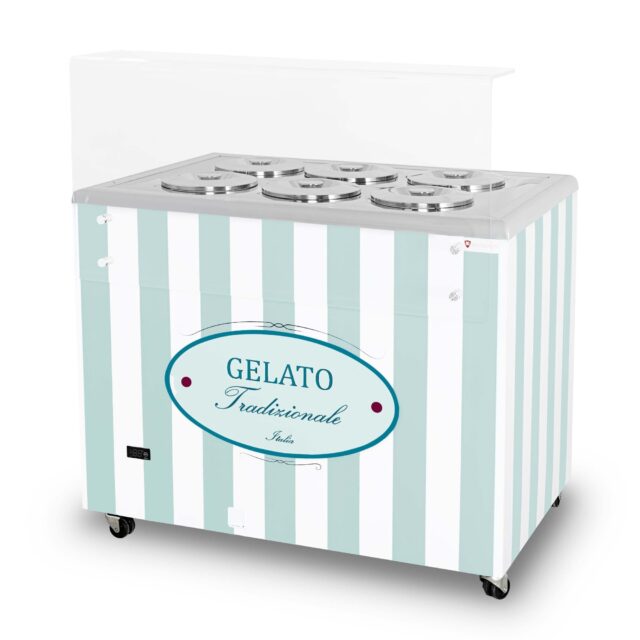 Dystrybutor do lodów, witryna do lodów, konserwator, retro, 6 tub, okrągłe kuwety, 1063x670x895 mm (GELATO POZETTI 6 PASTEL BLUE)