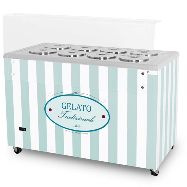 Dystrybutor do lodów, witryna do lodów, konserwator, retro, 8 tub, okrągłe kuwety, 1283x670x895 mm (GELATO POZETTI 8 PASTEL BLUE)