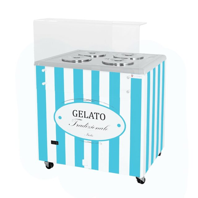 Dystrybutor do lodów, witryna do lodów, konserwator, retro, 4 tub, okrągłe kuwety, 843x670x895 mm (GELATO POZETTI 4 BLUE)