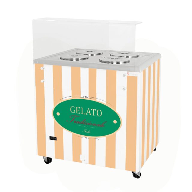 Dystrybutor do lodów, witryna do lodów, konserwator, retro, 4 tub, okrągłe kuwety, 843x670x895 mm (GELATO POZETTI 4 BEIGE)