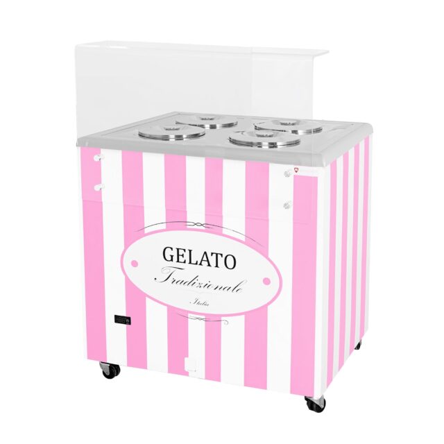 Dystrybutor do lodów, witryna do lodów, konserwator, retro, 4 tub, okrągłe kuwety, 843x670x895 mm (GELATO POZETTI 4 PINK)