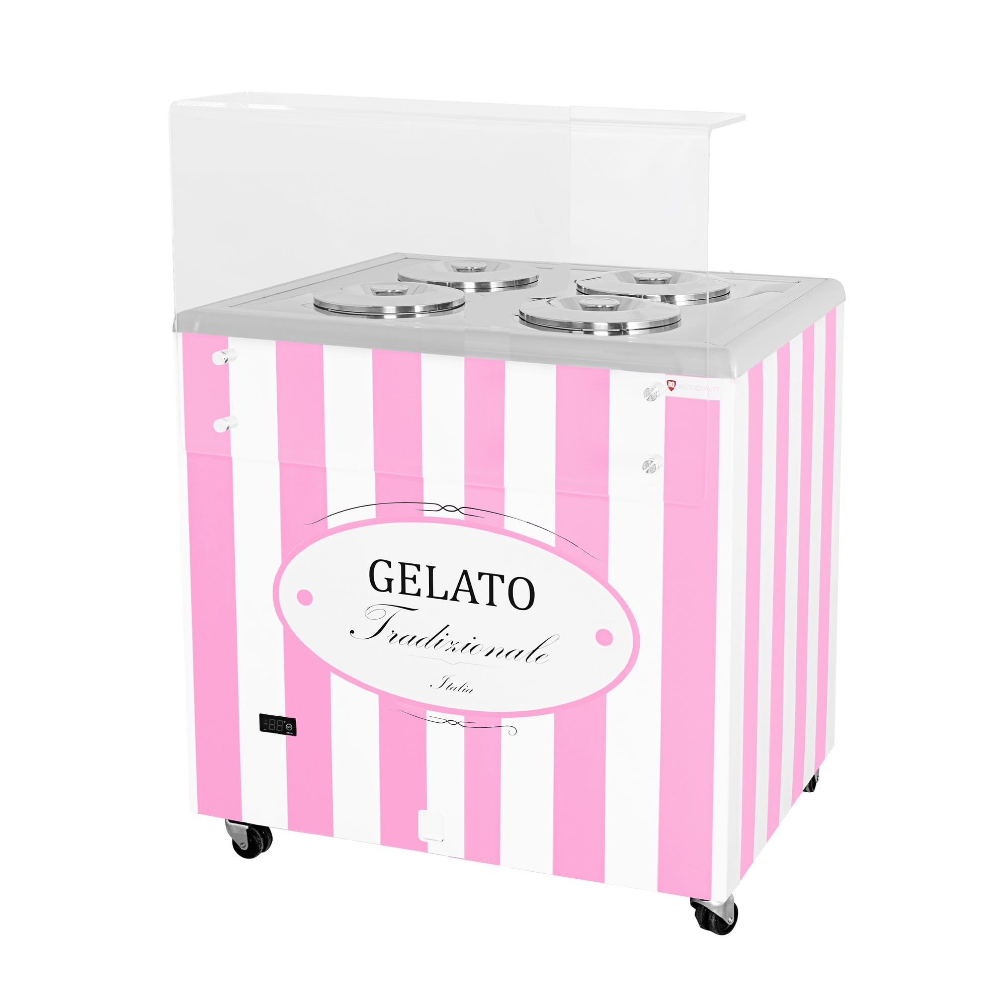 Dystrybutor do lodów, witryna do lodów, konserwator, retro, 4 tub, okrągłe kuwety, 843x670x895 mm (GELATO POZETTI 4 PINK)