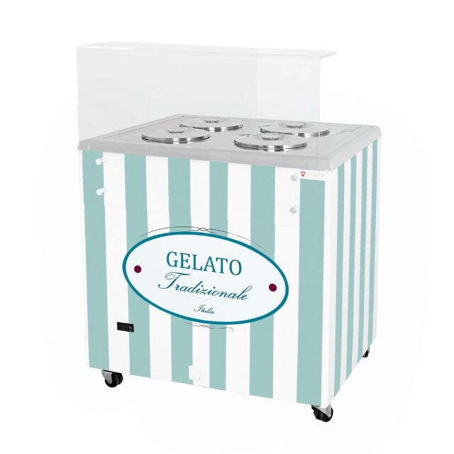 Dystrybutor do lodów, witryna do lodów, konserwator, retro, 4 tub, okrągłe kuwety, 843x670x895 mm (GELATO POZETTI 4 PASTEL BLUE)