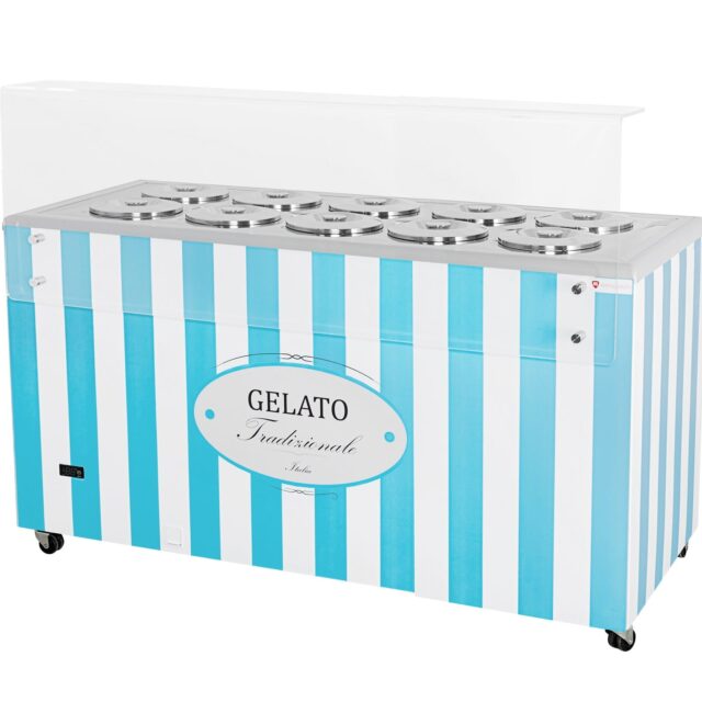 Dystrybutor do lodów, witryna do lodów, konserwator, retro, 10 tub, okrągłe kuwety, 1503x670x895 mm (GELATO POZETTI 10 BLUE)