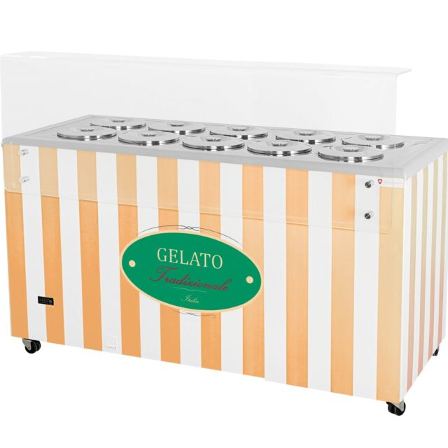 Dystrybutor do lodów, witryna do lodów, konserwator, retro, 10 tub, okrągłe kuwety, 1503x670x895 mm (GELATO POZETTI 10 BEIGE)