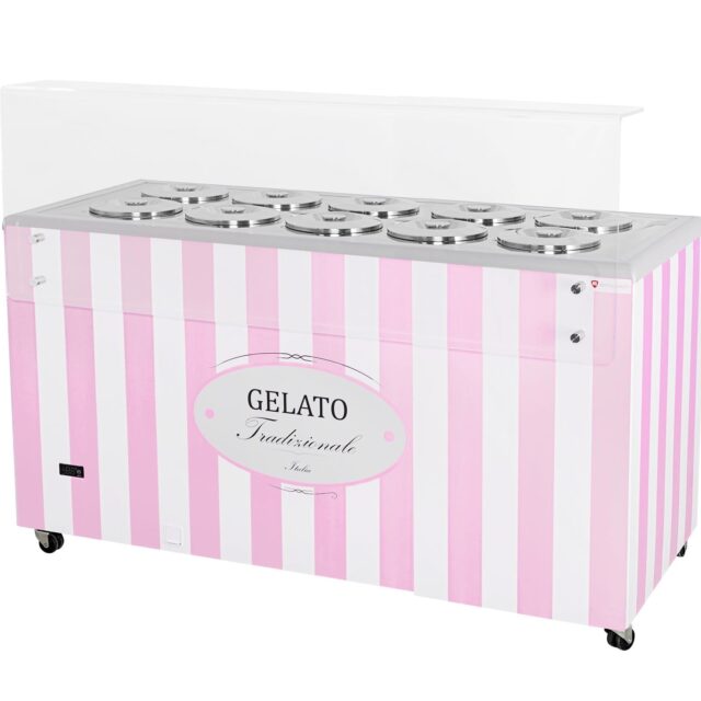 Dystrybutor do lodów, witryna do lodów, konserwator, retro, 10 tub, okrągłe kuwety, 1503x670x895 mm (GELATO POZETTI 10 PINK)