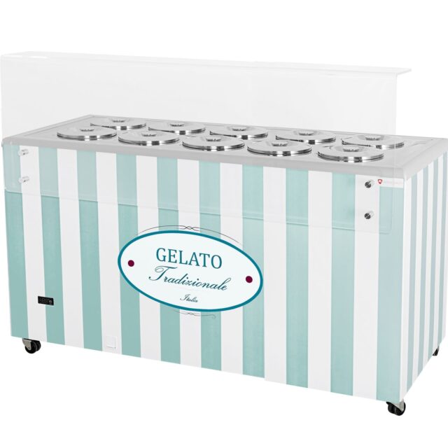 Dystrybutor do lodów, witryna do lodów, konserwator, retro, 10 tub, okrągłe kuwety, 1503x670x895 mm (GELATO POZETTI 10 PASTEL BLUE)