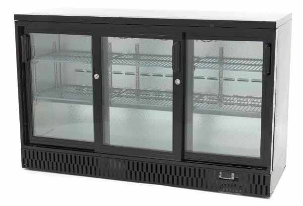 Barowa szafa chłodnicza, chłodziarka podblatowa RQ-330SCM, 3-drzwiowa, drzwi przesuwne, 341l