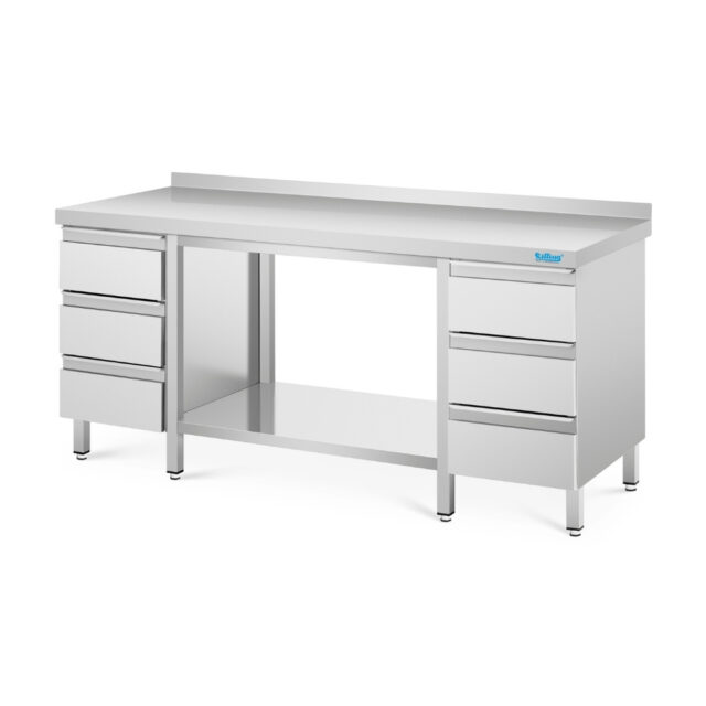 Stół do pracy z półką i blokami szuflad - głębokość 700 mm, 1400x700x850 mm, stół z blatem z rantem tylnym