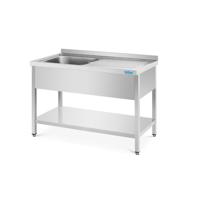 Stół ze zlewem 1-komorowym i ociekaczem - głębokość 700 mm, 1200x700x850 mm, zlew z lewej strony, blat zlewowy z podstawą, obudową i półką