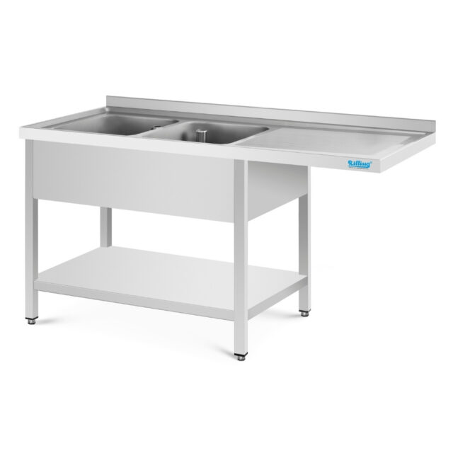 Stół ze zlewem 2-komorowym z wydłużonym ociekaczem - głębokość 600 mm, 1800x600x850 mm, zlew z lewej strony, blat zlewowy z podstawą, obudową i dolną półką