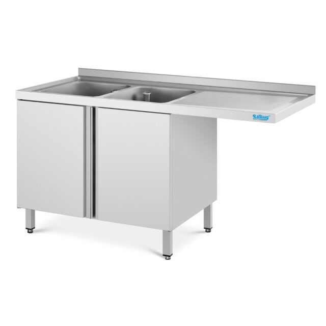 Stół ze zlewem 2-komorowym z wydłużonym ociekaczem - głębokość 600 mm, 1800x600x850 mm, zlew z lewej strony, blat zlewowy z podstawą, obudową i drzwiami skrzydłowymi