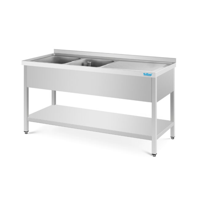 Stół ze zlewem 2-komorowym i ociekaczem - głębokość 600 mm, 1800x600x850 mm, zlew z prawej strony, blat zlewowy z podstawą, obudową i dolną półką