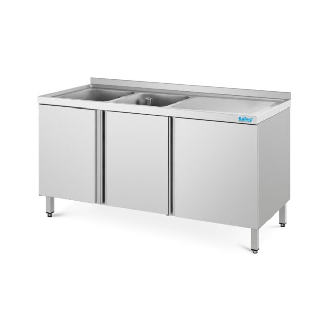 Stół ze zlewem 2-komorowym i ociekaczem - głębokość 600 mm, 1800x600x850 mm, zlew z prawej strony, blat zlewowy z podstawą, obudową i drzwiami skrzydłowymi