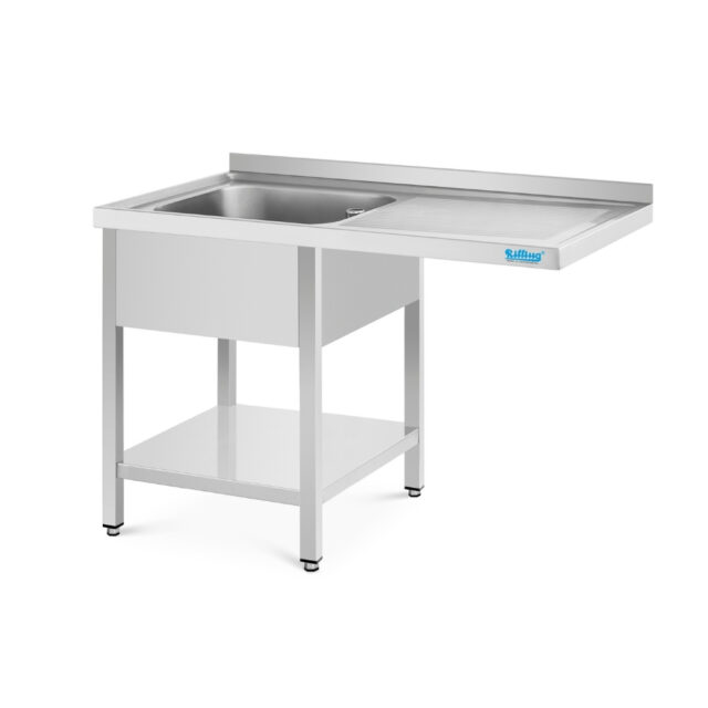Stół ze zlewem i wydłużonym ociekaczem - głębokość 600 mm, 1200x600x850 mm, zlew z prawej strony, blat zlewowy z podstawą, obudową i dolną półką