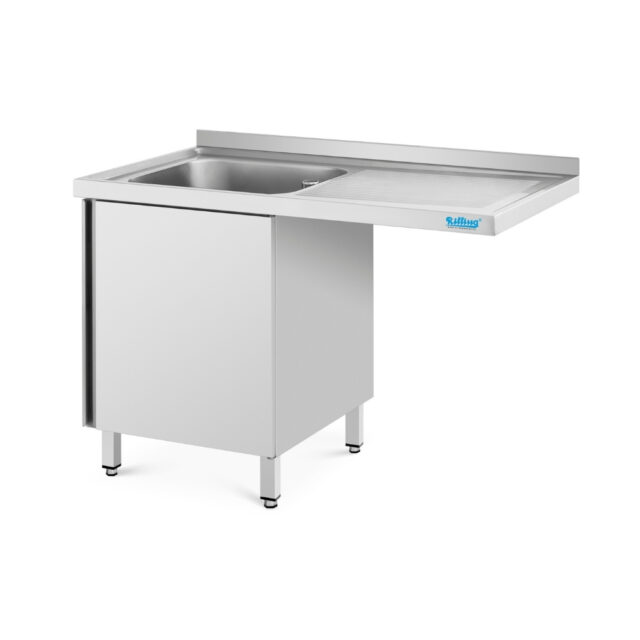 Stół ze zlewem i wydłużonym ociekaczem - głębokość 700 mm, 1400x700x850 mm, zlew z lewej strony, blat zlewowy z podstawą, obudową, półką i drzwiami skrzydłowymi