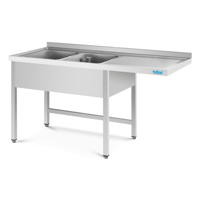 Stół ze zlewem 2-komorowym z wydłużonym ociekaczem - głębokość 600 mm, 1800x600x850 mm, zlew z prawej strony, blat zlewowy z podstawą i obudową
