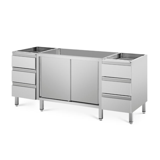 Szafka do pracy z drzwiami przesuwnymi i blokami szuflad - głębokość 700 mm, 1800x700x850 mm, szafka bez blatu