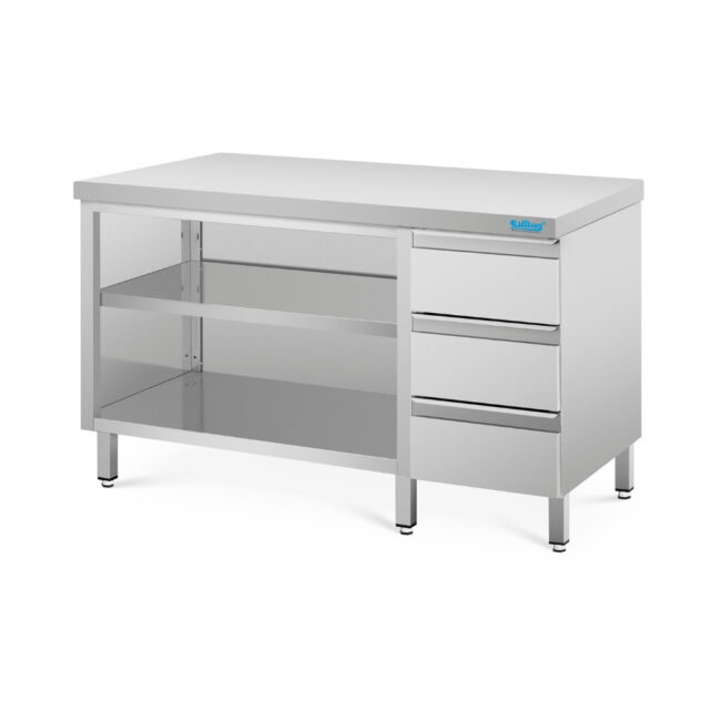 Szafka do pracy otwarta z blokiem szuflad - głębokość 700 mm, 1600x700x850 mm, szafka z blatem bez rantu tylnego