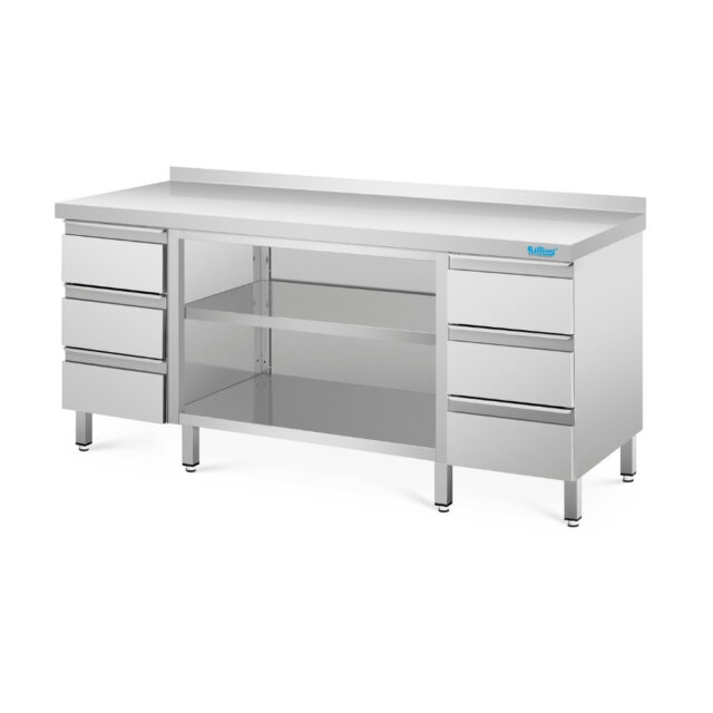 Szafka do pracy otwarta z blokami szuflad - głębokość 700 mm, 2000x700x850 mm, szafka z blatem z rantem tylnym